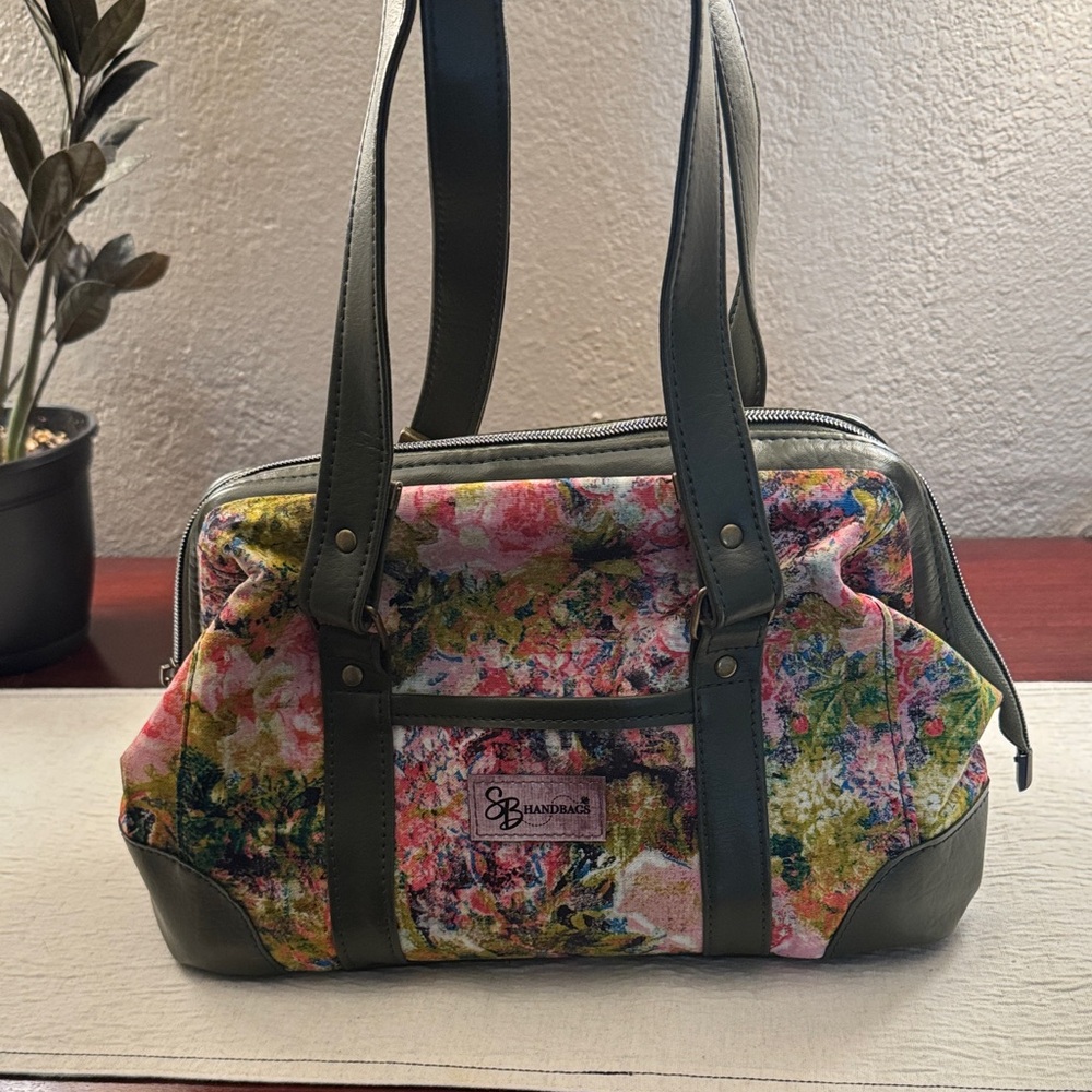 Handcrafted Floral Multicolor Tote with Olive Trim